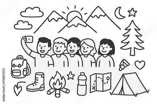 Mountain Adventure Doodles. Hand-drawn doodle illustration Mountain sunset selfies [smartphone, group of friends, mountain, pine tree, sun, clouds, tent,