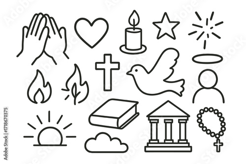 Faith Symbols Doodle. Hand-drawn doodle illustration Acts of faith praying hands, heart, candle, star, spark, flame, cross, dove, person icon, halo, book,