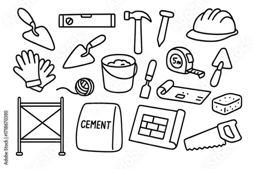 Bricklaying Tools Doodle. Hand-drawn doodle illustration Bricklaying tools and equipment trowel, level, hammer, mortar bucket, gloves, chisel, line string,