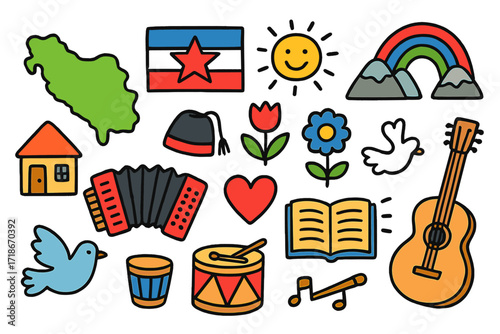 Yugoslavian Culture Doodle. Colorful Hand-drawn doodle Children illustration Yugoslavia Culture [map, flag, star, accordion, traditional hat, house, flower,