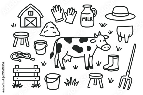 Traditional Milking Setup. Hand-drawn doodle illustration Traditional milking setup Milking stool, cow, bucket, barn, haystack, gloves, milk jug, farmer hat,