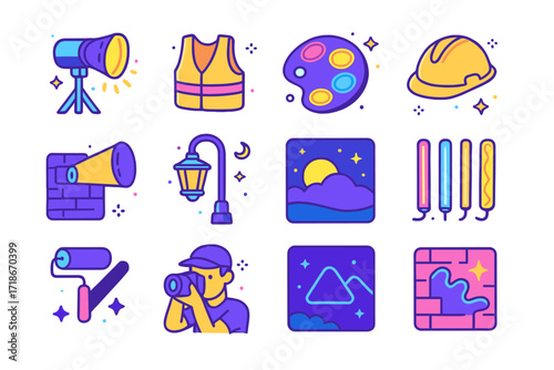 Nighttime Mural Icons. Colorful isometric vector icons set of nighttime mural painting: spotlight on mural, reflective vest, glowing palette, safety helmet,