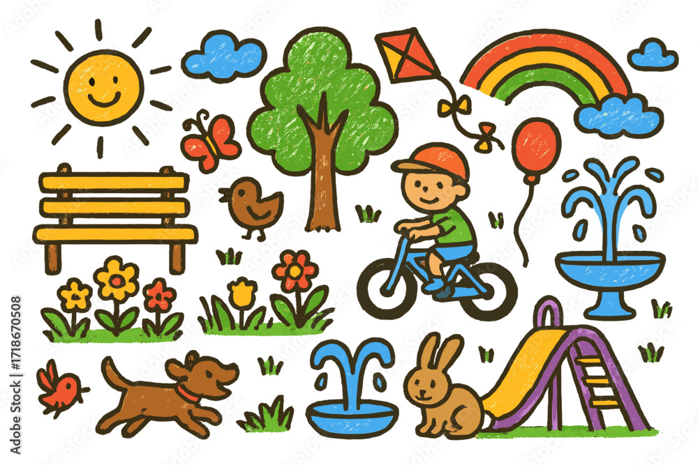 Obraz premium Playful Park Doodles. Colorful Hand-drawn doodle Children illustration Sunbeams in the park [park bench, tree, sunshine, flower bed, kite, dog, child on bike,
