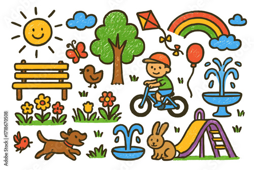 Playful Park Doodles. Colorful Hand-drawn doodle Children illustration Sunbeams in the park [park bench, tree, sunshine, flower bed, kite, dog, child on bike,
