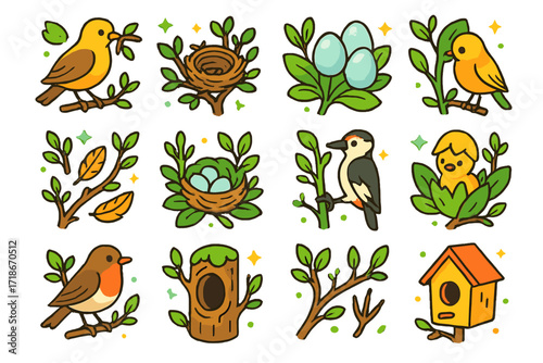 Colorful Bird Nesting Icons. Colorful isometric vector icons set of Birds nesting in budding trees: bird with twig in beak, early nest in branches, eggs in