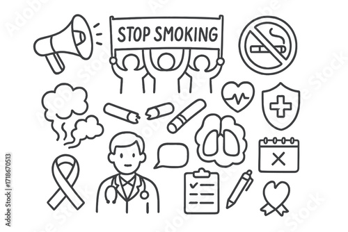 Anti-Smoking Campaign Doodle. Hand-drawn doodle illustration Anti-smoking campaign [megaphone, banner, no smoking sign, people protesting, broken cigarette,