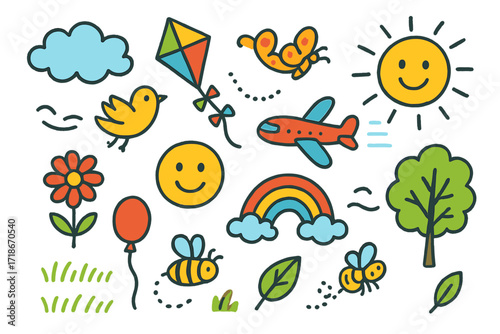 Colorful Doodle Dreamscape. Colorful Hand-drawn doodle Children illustration Flying above the field cloud, bird, kite, butterfly, sun, flower, grass, smiling