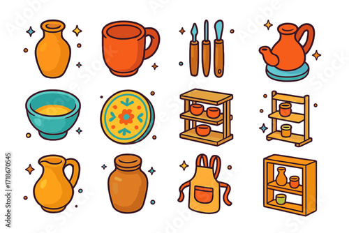 Colorful Pottery Icons. Colorful isometric vector icons set of handmade pottery: ceramic vase, clay mug, sculpting tools, pottery wheel, glazed bowl,
