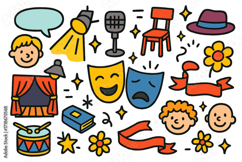 Doodle Theater Icons. Colorful Hand-drawn doodle Children illustration Improvised Scenes comedy mask, tragedy mask, stage, spotlight, speech bubble, chair,