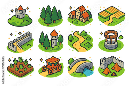 Isometric Castle Icon Set. Colorful isometric vector icons set of Castle surroundings and environment: hilltop view, dense forest, nearby village, farmland