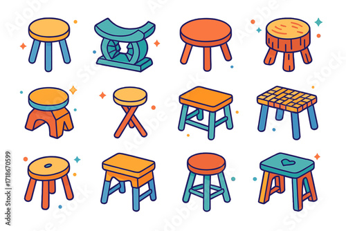 Diverse Stool Icon Set. Colorful isometric vector icons set of vintage and global stool designs: Scandinavian milking stool, African carved stool, Japanese