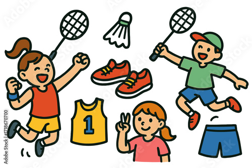 Children's Sports Doodle. Players. Colorful Hand-drawn doodle Children illustration player silhouette, racket, shuttlecock, sports shoes, jersey, shorts,