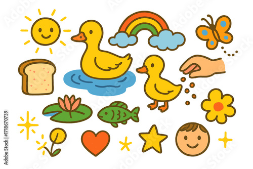 Ducks and Bread Crumbs. Colorful Hand-drawn doodle Children illustration Ducks and Bread Crumbs [duck, bread slice, pond, child hand, fish, lily pad, flower,