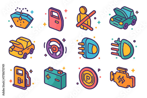 Vehicle Dashboard Icon Set. Colorful isometric vector icons set of vehicle dashboard warning symbols: low washer fluid light, door open alert, seatbelt