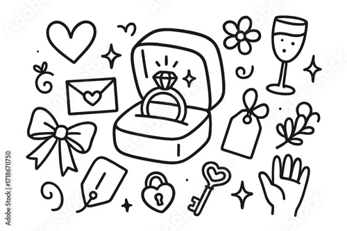Wedding Ring Doodle. Hand-drawn doodle illustration Wedding ring in a case [ring, jewelry box, heart, sparkle, flower, ribbon, bow, star, champagne glass,