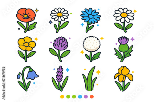 Isometric Meadow Flowers. Colorful isometric vector icons set of meadow flowers: poppy, chamomile, cornflower, daisy, buttercup, clover flower, dandelion puff,