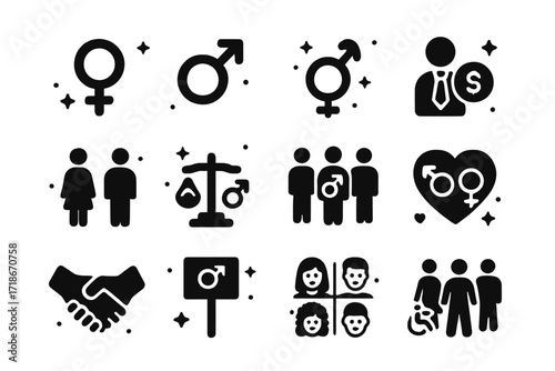 Gender Equality Icons. Gender Equality. Solid icons set of female symbol, male symbol, gender-neutral symbol, equal pay, diverse workplace, balance scale,