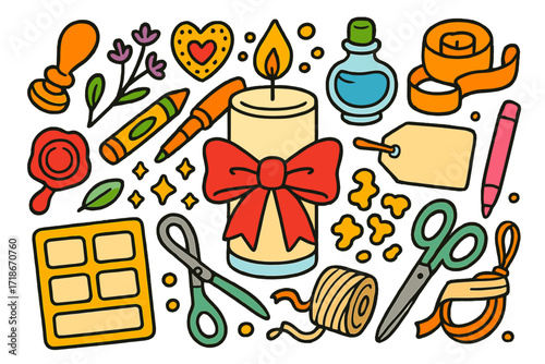 Colorful Doodle Candle Decor. Colorful Hand-drawn doodle Children illustration Candle Decorating bow, wax stamp, dried flowers, glitter, sticker, jar lid,