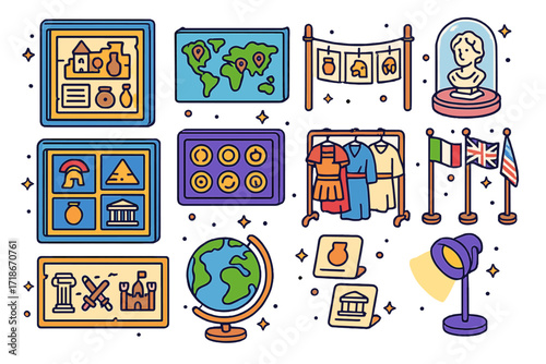 Colorful History Icons. Colorful isometric vector icons set of classroom history displays and stations: heritage wall, world map with pins, timeline string