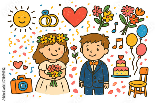 Kids' Pretend Wedding Bliss. Colorful Hand-drawn doodle Children illustration Kids? pretend wedding heart, toy rings, bouquet, smiling kids, flower crown,