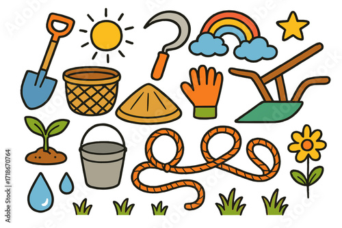 Colorful Farming Tools Doodle. Colorful Hand-drawn doodle Children illustration Rice Farming Tools [shovel, sickle, basket, plow, gloves, farmer hat, bucket,