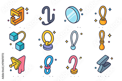 Modern Curtain Holdbacks Icons. Colorful isometric vector icons set of modern curtain holdbacks: geometric clamp, matte black hook, chrome disk, brushed metal