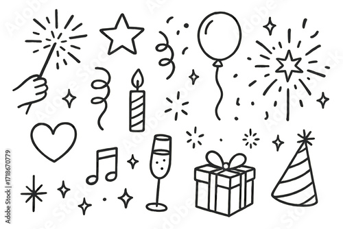 Celebratory Sparkle Doodle. Hand-drawn doodle illustration Sparkler Celebration [sparkler, star, sparkle, burst, confetti, balloon, ribbon, candle, firework,