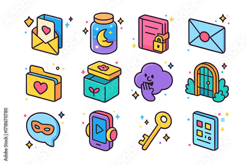 Joyful Secrets Icons. Colorful isometric vector icons set of joyful secrets: hidden letter, dream jar, locked diary, sealed envelope, digital folder with