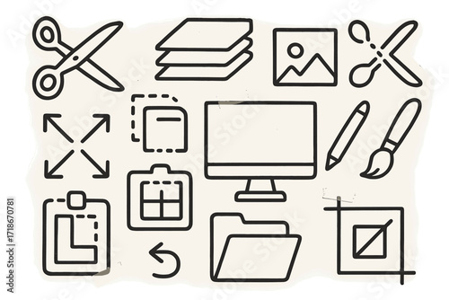 Digital Collage Tools. Hand-drawn doodle illustration digital collage scissors, layers, photo icon, cut tool, paste tool, resize arrows, monitor, stylus,