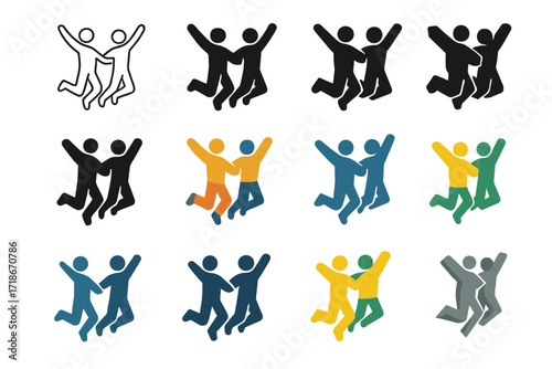 Joyful Jump Logo. Set Logo of Jumping for Joy: duo jumping in sync. Logo set in vector style, emblematic variations. line, bold thick line, solid black filled,