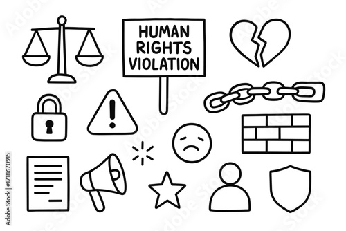 Human Rights Symbols. Hand-drawn doodle illustration Human rights violation scales, protest sign, broken heart, chain, barrier, lock, exclamation mark, sad