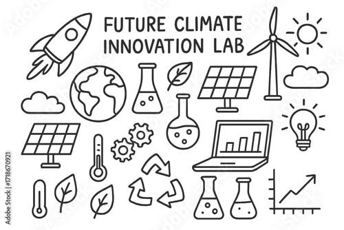 Future Climate Icons. Hand-drawn doodle illustration future climate innovation lab rocket, globe, solar panel, wind turbine, test tube, flask, computer, gears,