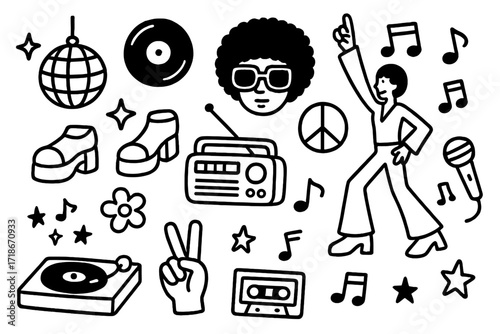 70s Music Doodle. Hand-drawn doodle illustration 70s music vibes [disco ball, vinyl, afro hair, sunglasses, bell bottoms, peace sign, platform shoes, record