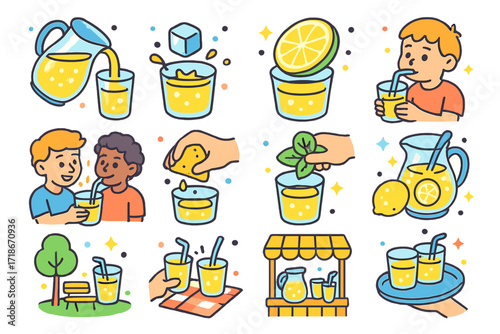 Lemonade Icon Moments. Colorful isometric vector icons set of lemonade moments: pouring lemonade, ice falling into glass, lemon slice landing in cup, child