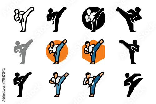 Martial Arts Logo Grid. Set Logo of Fast-Paced Sports: martial artist high kick. Logo set in vector style, emblematic variations. line, bold thick line, solid