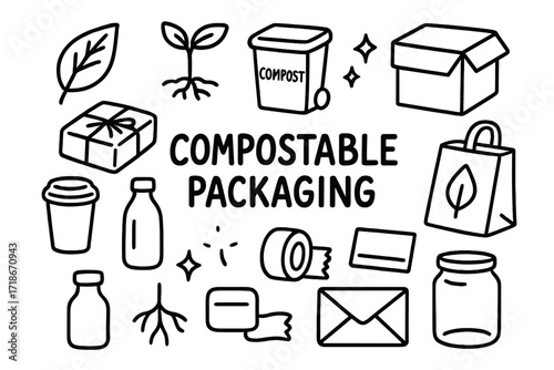 Compostable Doodles. Hand-drawn doodle illustration Compostable packaging [leaf, sprout, compost bin, paper wrap, cardboard box, paper bag, cup, bottle, star,