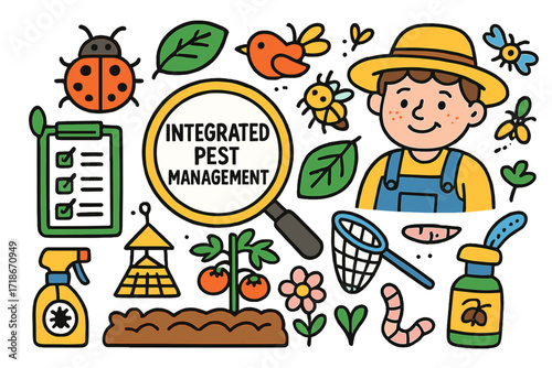 Integrated Pest Management. Colorful Hand-drawn doodle Children illustration Integrated pest management magnifying glass, bug, ladybug, leaf, smiling farmer,