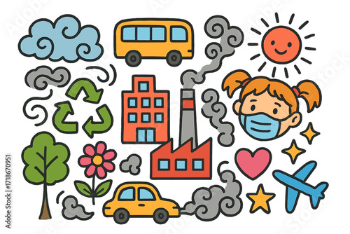 Air Pollution Doodles. Colorful Hand-drawn doodle Children illustration Air pollution car, bus, smokestack, building, smoke swirl, mask, sun, cloud, recycling