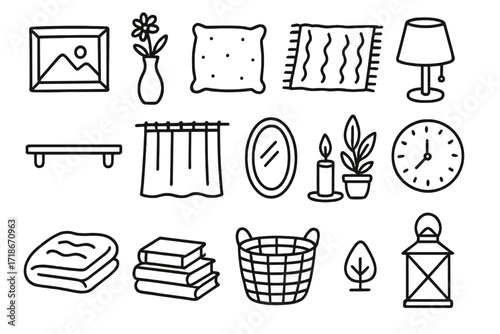 Home Decor Doodle. Hand-drawn doodle illustration Home decorations picture frame, vase, pillow, rug, lamp, shelf, curtain, mirror, candle, plant, wall clock,