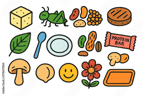 Alternative Protein Doodles. Colorful Hand-drawn doodle Children illustration Alternative Proteins tofu cube, cricket, beans, lentils, burger patty, leaf,