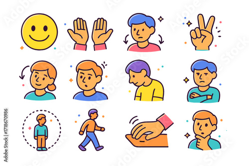 Non-Verbal Icons Collection. Colorful isometric vector icons set of non-verbal communication cues: smile, open palms, relaxed shoulders, hand gestures, head