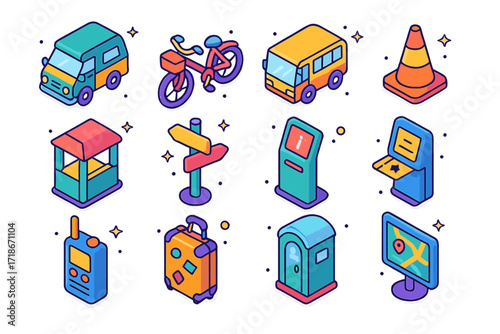 Festival Transport Icons. Colorful isometric vector icons set of festival transportation and logistics: camper van, bicycle with basket, shuttle bus, parking