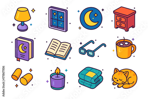 Nighttime Reading Icons. Colorful isometric vector icons set of Nighttime Reading: bedside lamp, starry window, moonlight, nightstand, dream journal, open