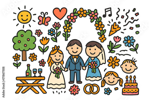 Whimsical Garden Wedding. Colorful Hand-drawn doodle Children illustration Garden wedding flowers, heart, bouquet, tree, bride, groom, floral arch, butterfly,