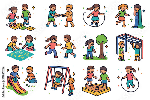 Playful Kids Icons. Colorful isometric vector icons set of kids playing together: hopscotch, tug of war, jump rope, chalk drawing, tag, hide and seek, marbles,