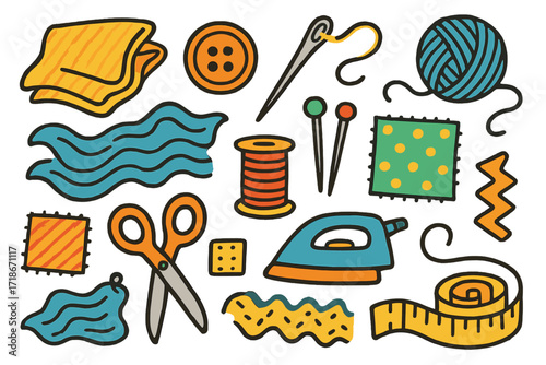 Colorful Sewing Doodles. Colorful Hand-drawn doodle Children illustration [Ripple in fabric] [folded cloth, ripple folds, needle, button, yarn ball, fabric