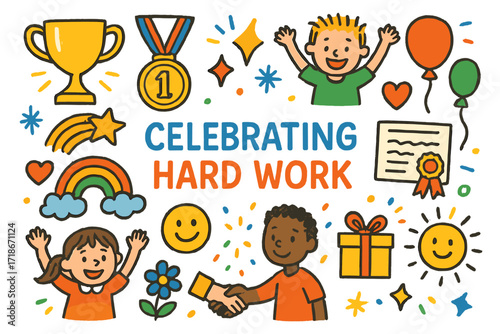 Celebrating Hard Work. Colorful Hand-drawn doodle Children illustration Celebrating Hard Work [trophy, medal, ribbon, certificate, handshake, smiling face,