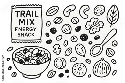 Trail Mix Doodle Icons. Hand-drawn doodle illustration trail mix energy snack packet, bowl, almonds, cashews, walnuts, pistachios, hazelnuts, raisins, dried