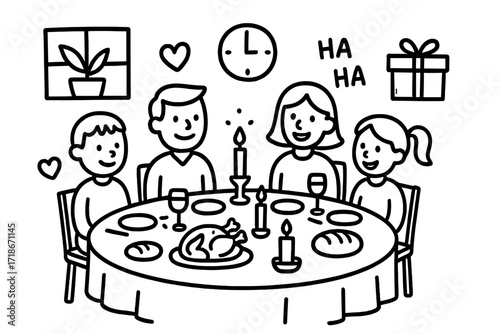 Family Dinner Doodle. Hand-drawn doodle illustration Family dinner gathering [dining table, chairs, plates, cutlery, wine glass, roast chicken, bread, candle,