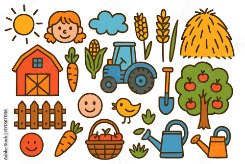 Colorful Farm Doodle. Colorful Hand-drawn doodle Children illustration farming field tractor, barn, corn, wheat, apple tree, haystack, fence, shovel, sun,